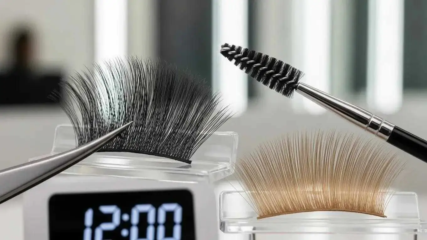 Close-up of silk and mink eyelash extensions in a beauty salon, highlighting their durability and thickness differences